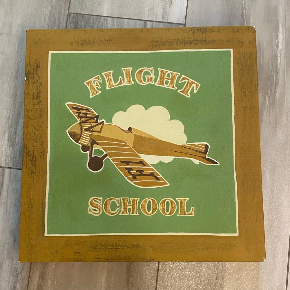 Flight School Distressed Yellow and Green Square Printed Canvas Wall Art